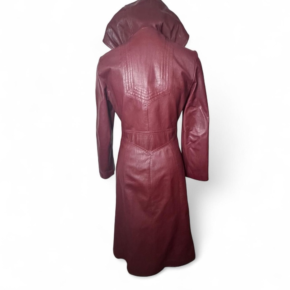 Vintage Le Soleil Burgundy Leather Trench Coat with Hood | XS-S - Picture 3 of 8